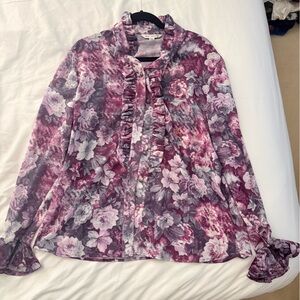 St. John Floral Ruffled Button Down Size 14